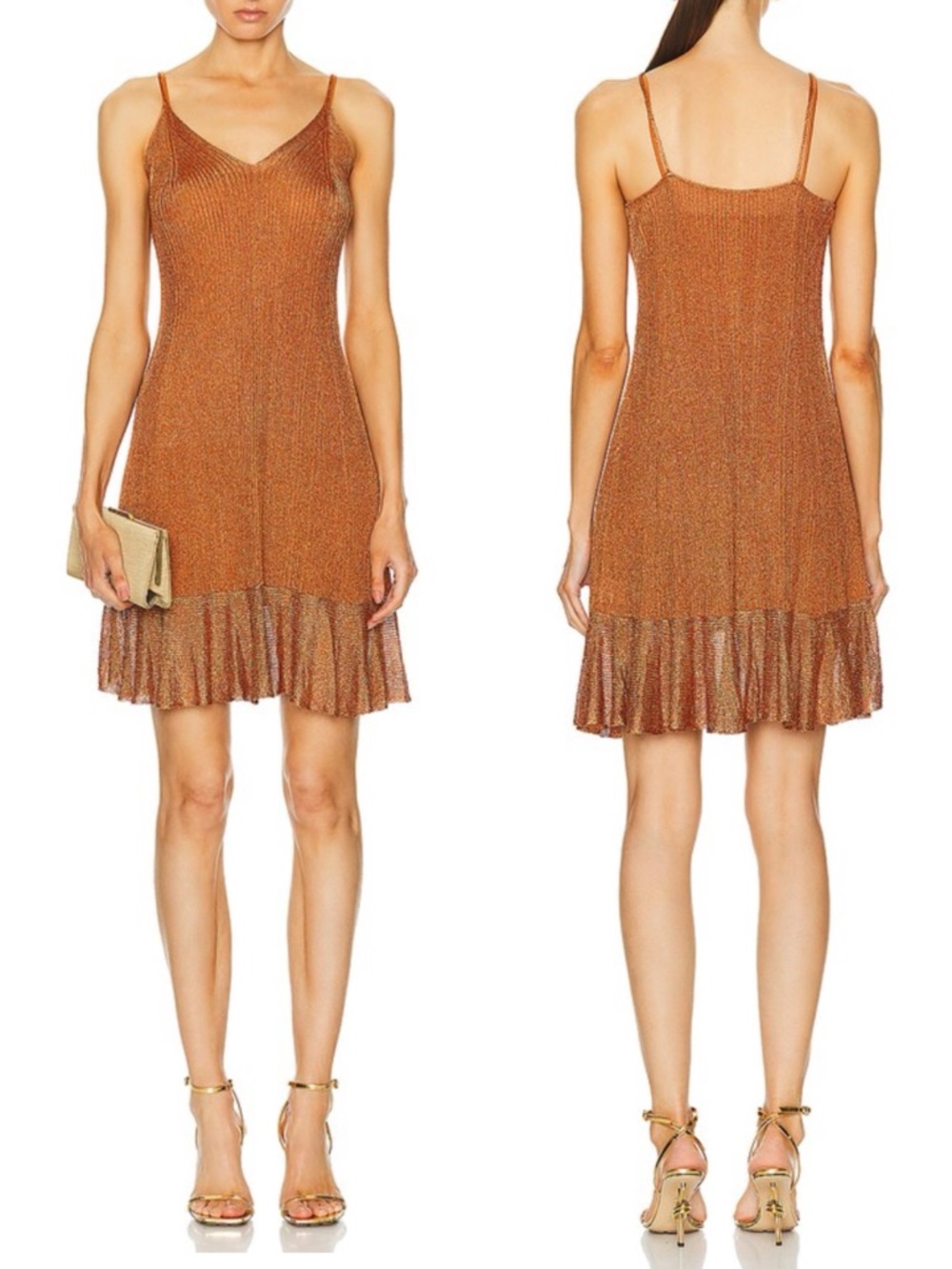 Ulla Johnson Bianca Metallic Knit V-Neck Mini Dress Copper Ruffle Hem - NWT